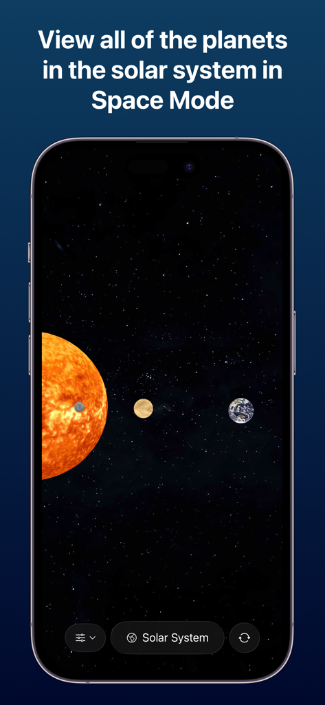 Planets AR: Solar System 3D - Mobile app screen showing the sun and planets in 3D Space Mode