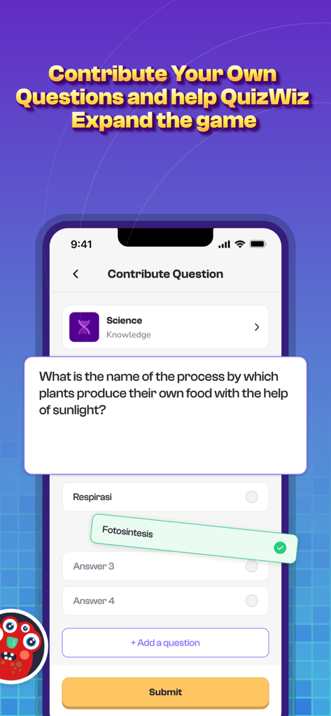 QuizWiz - Trivia App - Una pantalla móvil de la aplicación QuizWiz que muestra a un usuario contribuyendo con una pregunta de trivia científica sobre la fotosíntesis.