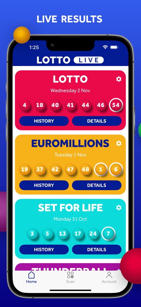 National Lottery Live Scanner - National Lottery app interface displaying live results for Lotto and EuroMillions draws