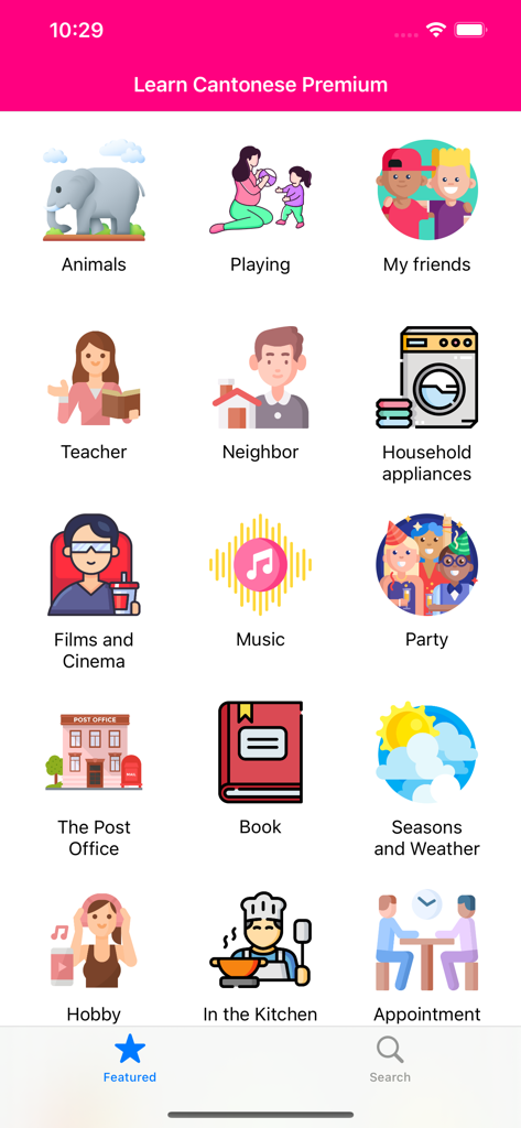 Learn Cantonese Premium - Learn Cantonese Premium app screen showing various vocabulary categories with colorful icons