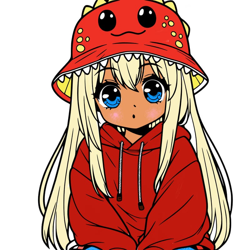 girl with anime shaped eyes with a dinosaur bucket hat oversized sweatshirt long straight hair