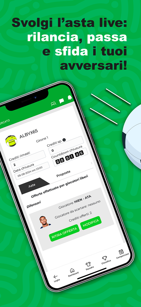 Fantaclub - Interfaccia dell'app Fantaclub che mostra un'asta di giocatori live per una lega di fantacalcio.