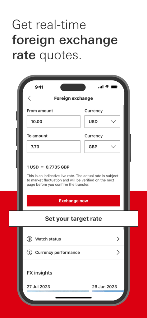 HSBC Expat - HSBC Expat app interface showing a real time currency converter for USD to GBP