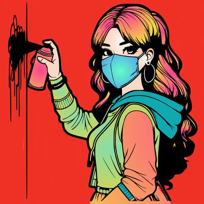 realistic girl with mask spray painting a wall