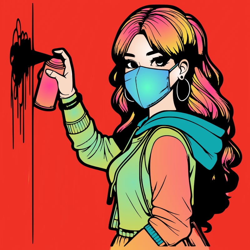 realistic girl with mask spray painting a wall