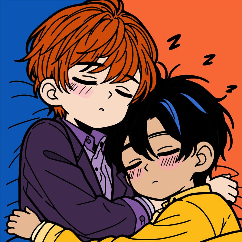 2 manga boys hugging and sleeping