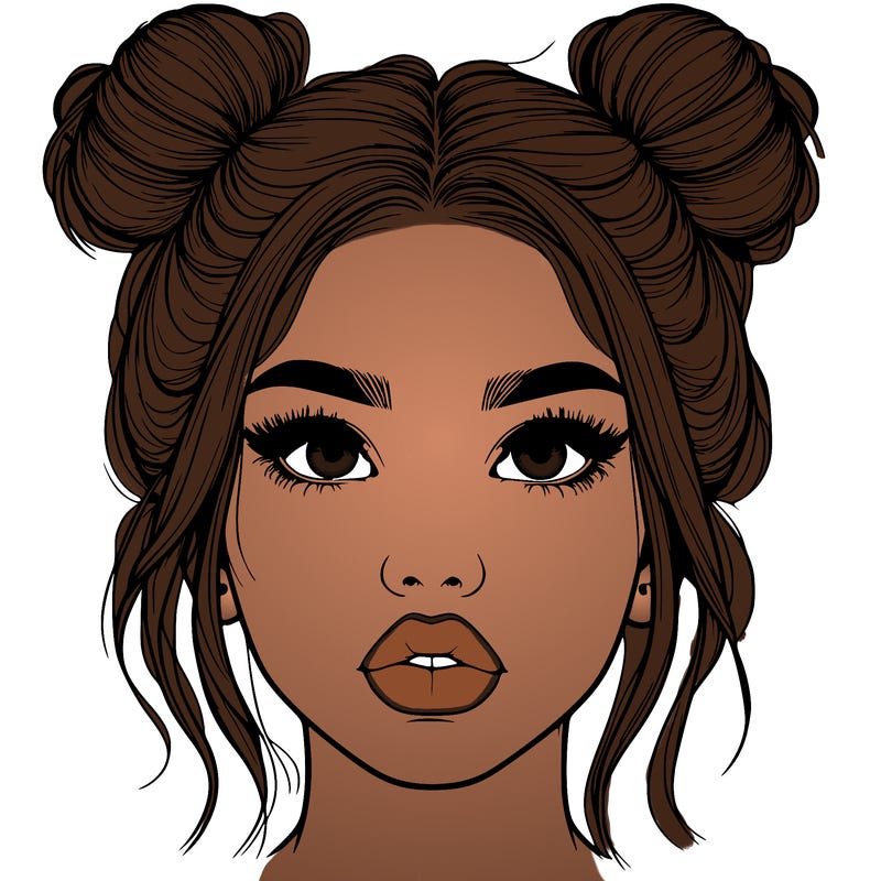realistic girl with two buns on her hair and lips