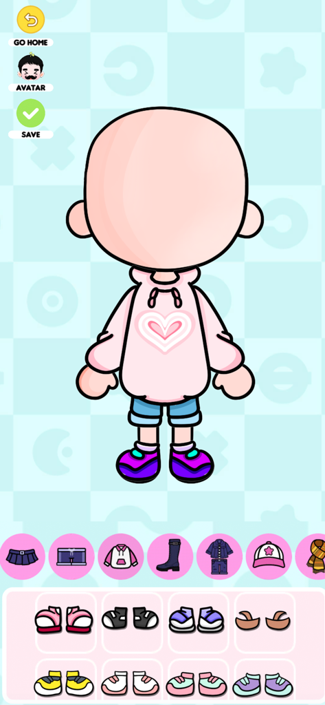 A character customization interface showing a Toca Life style avatar wearing a pink heart hoodie.