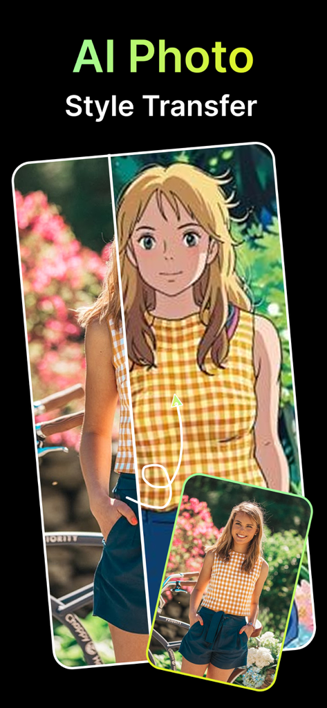 AI Photo and Video Generator - KI-Fotostil-Übertragung, die ein echtes Porträt in eine Anime-Illustration umwandelt
