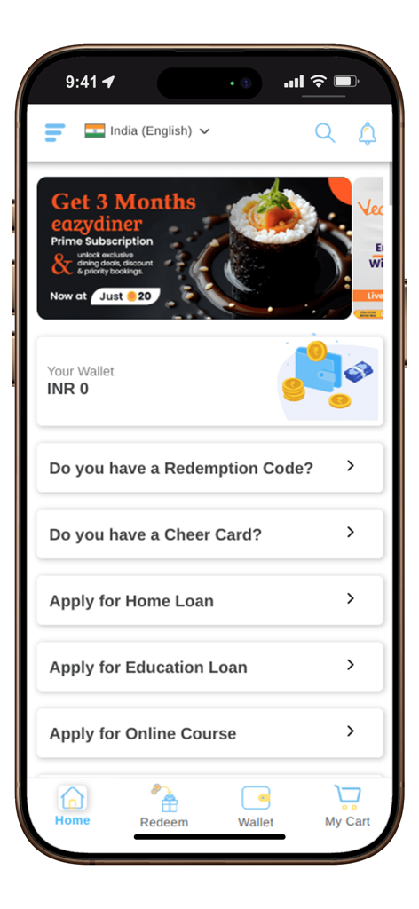 Home screen of the Benepik Plus app showing the user wallet and reward redemption menu