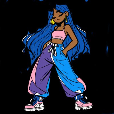 girl in baggy pants crop top and long hair