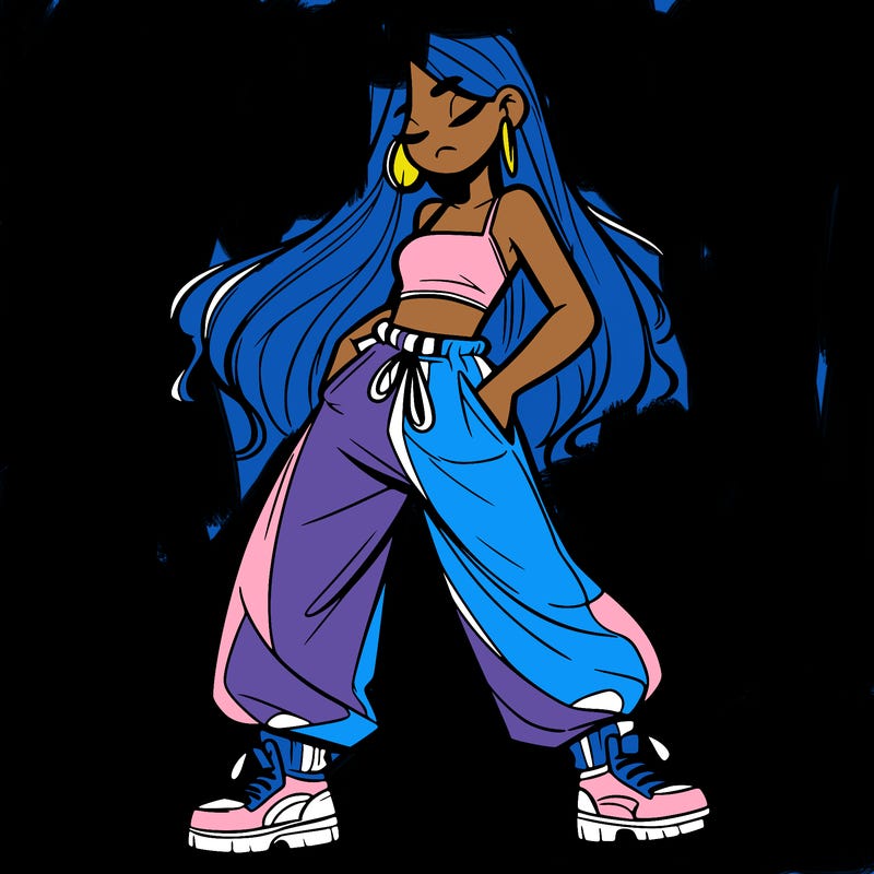 girl in baggy pants crop top and long hair