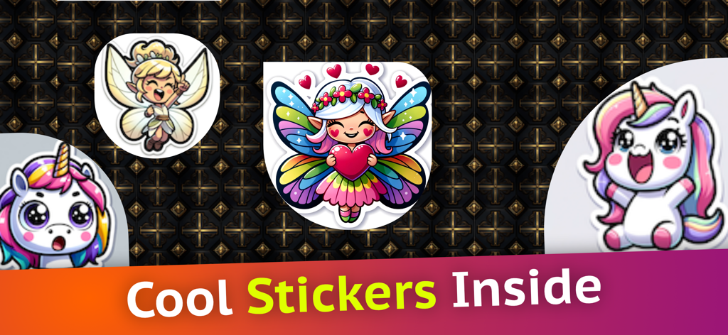 Banner promozionale per ChatBingo che mostra adorabili adesivi di unicorno e fata con il testo 'Adesivi Fantastici all'Interno'