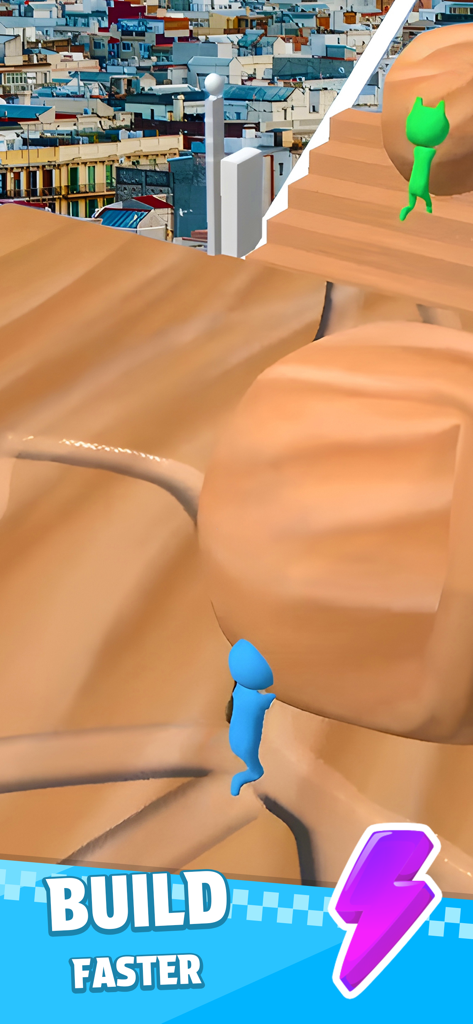 Bridge Race - Un personaje azul escala una gran esfera en el juego móvil Bridge Race con el texto Build Faster en la parte inferior.