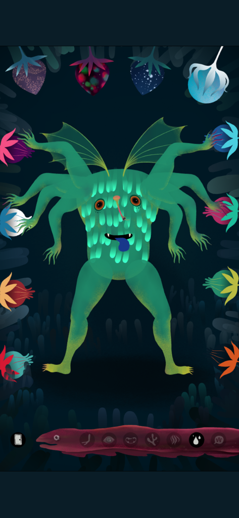 Un monstruo verde personalizable con muchos brazos y alas en un entorno de construcción digital.