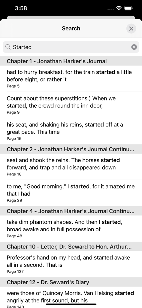 A search interface within the Bluefire Reader app displaying multiple text matches for a keyword organized by chapter and page number