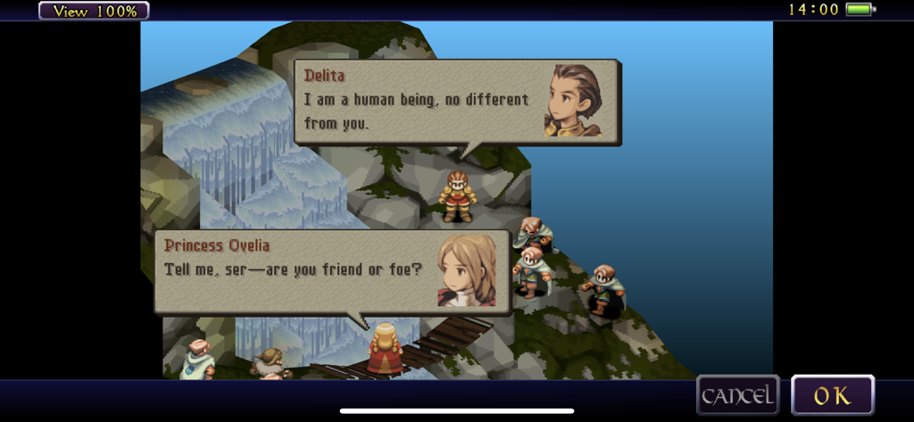 FINAL FANTASY TACTICS :WotL - In-Game-Dialog zwischen den Charakteren Delita und Prinzessin Ovelia in Final Fantasy Tactics War of the Lions.