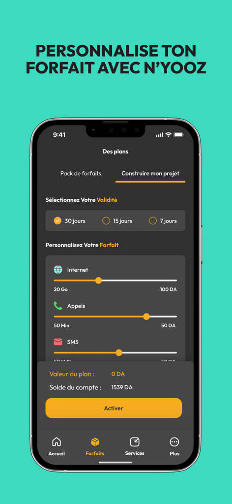 Mobile interface of the My Ooredoo Algeria app showing options to customize a mobile plan with sliders for data calls and SMS