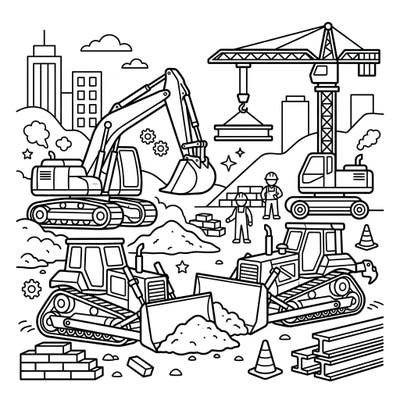 Dive into the exciting world of construction with this vibrant coloring page, perfect for young builders. Featuring an array of heavy machinery and busy workers, it's designed to spark creativity in kids.