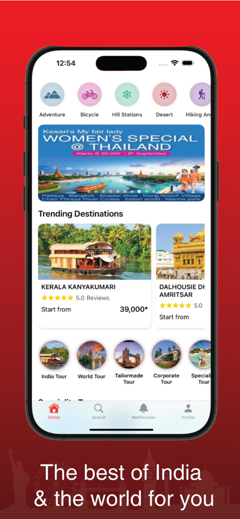 Kesari Tours - Kesari Tours mobile app interface showing trending holiday packages and specialty tours for women
