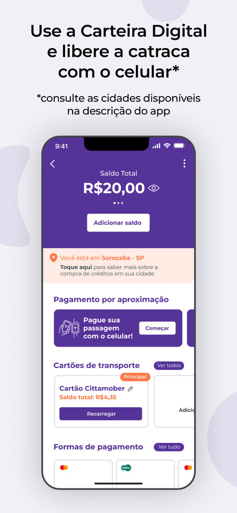 Cittamobi digital wallet interface showing balance and options for mobile transit payments and card recharging