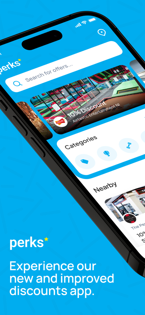 Perks app interface on a smartphone screen showing local discounts, a search bar, and rewards categories
