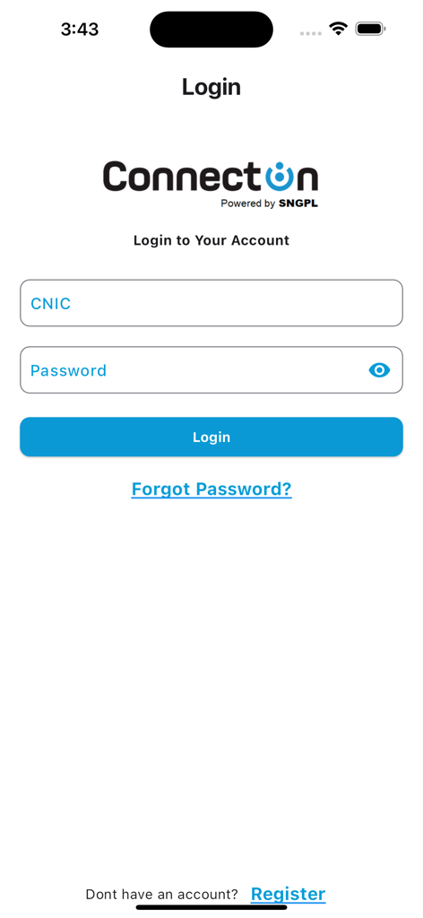 SNGPL ConnectOn - SNGPL ConnectOn app login page with CNIC and password input fields