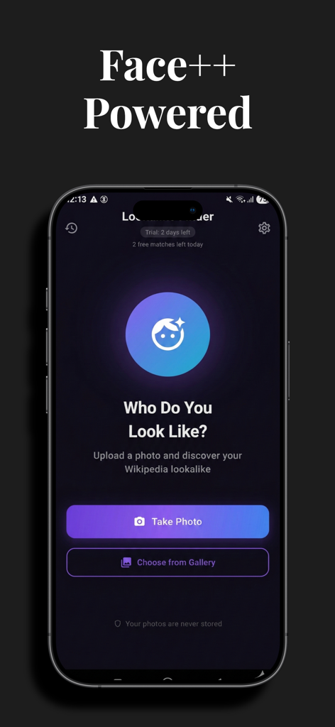 Lookalike Finder - Lookalike Finder app interface for celebrity lookalike search using AI facial recognition