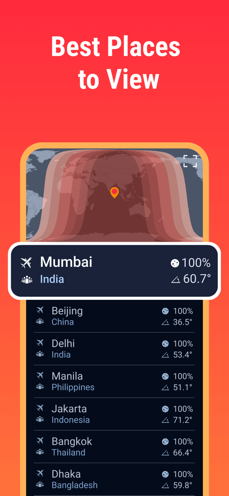 Eclipse Guide：September 2025 - A screen from the Eclipse Guide app showing a list of top cities for eclipse viewing with a visibility map and coverage data