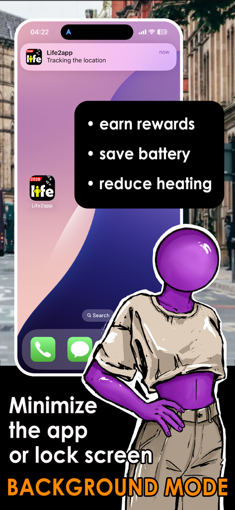 Life2App Activity & Time - Life2App interface showcasing background mode for location tracking with battery saving and reward benefits.