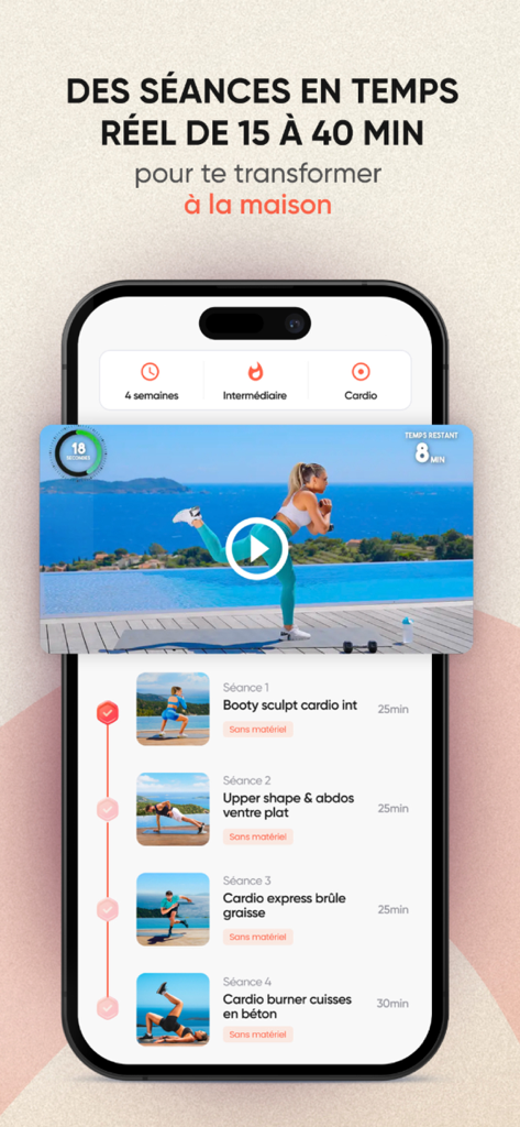 Grity - Sport & Nutrition - Écran de smartphone de l'application Grity montrant des programmes d'entraînement à domicile en temps réel et des sessions vidéo