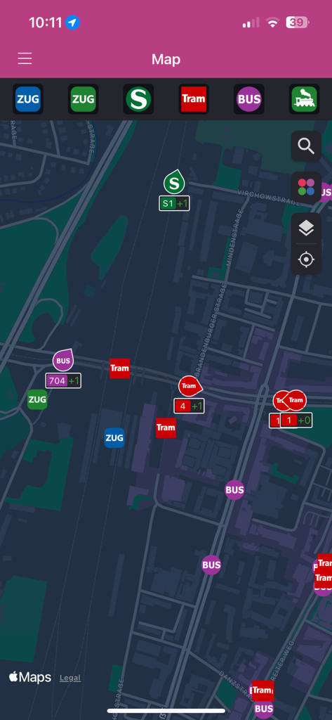 INSA App Live-Karte mit Echtzeit-Standorten für Züge, Busse und Bahnen