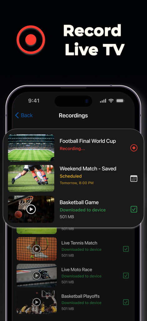IPTV Smarters Player Pro Lite-Aufnahmefenster zeigt gespeicherte und geplante Sportspiele an