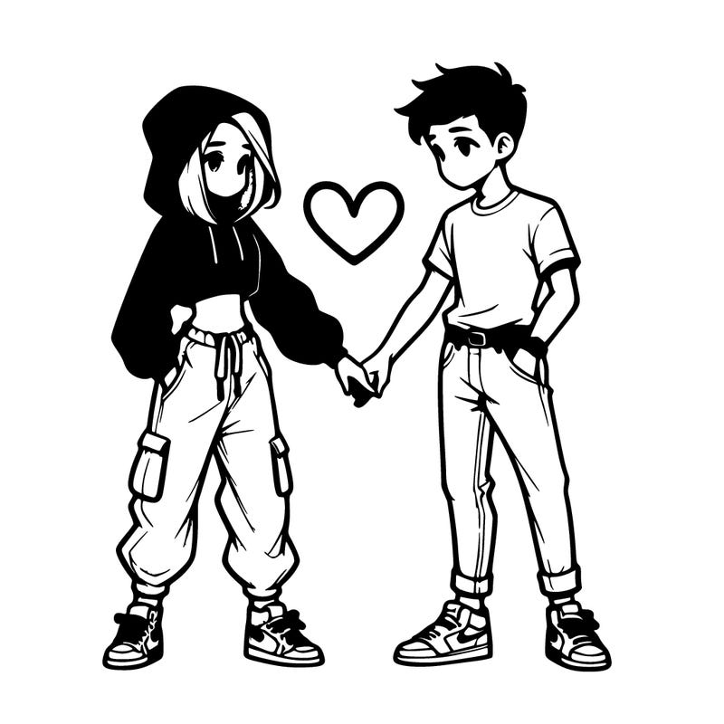 in the style of bratz a teen girl and a teen boy, holding hands together in the shape of a heart. the girl in baggy joggers and a cropped hoody, the boy in jeans and a tshirt both in trainers