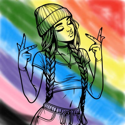 realistic teenage girl with braids and a beanie and crop top doing 🫶🏼