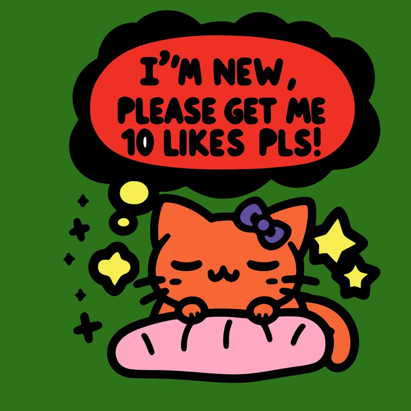 kitty taking a nap dream talking and saying "i'm new, please get me at least 10 likes pls!!"