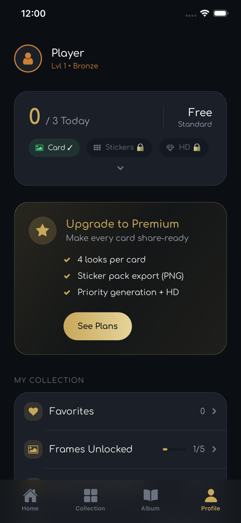User profile dashboard in the Glorio app showing collection stats and premium upgrade options.