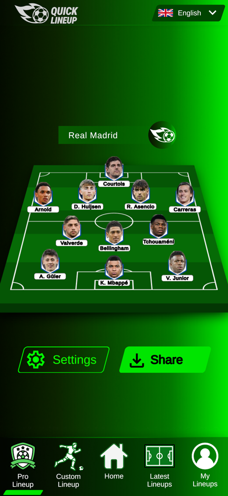 Quick Lineup: Team Builder - Quick Lineup app screen showing a soccer team tactical formation with player photos on a green pitch.