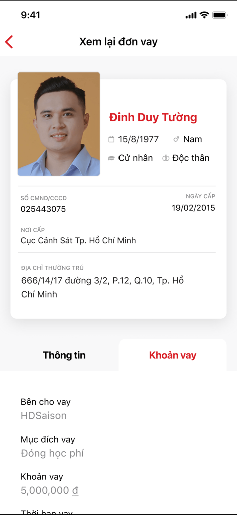 HD Saison - HD Saison app loan application review screen showing personal profile and loan details
