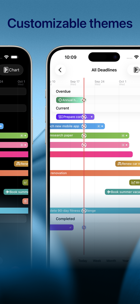 Dos pantallas de iPhone que muestran los temas personalizables claro y oscuro de la aplicación Deadliner con seguimiento visual de tareas estilo Gantt.