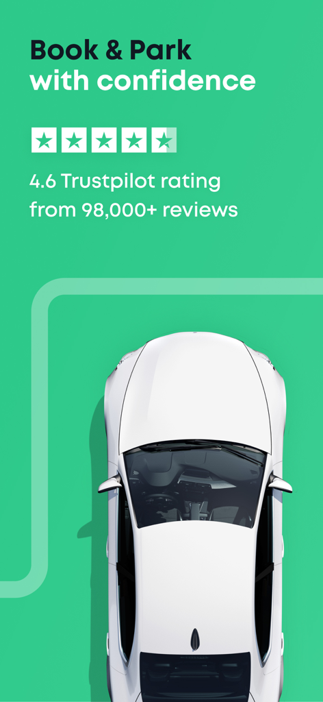 YourParkingSpace - Parking App - White car parked in a green space with a 4.6 Trustpilot rating for the YourParkingSpace app