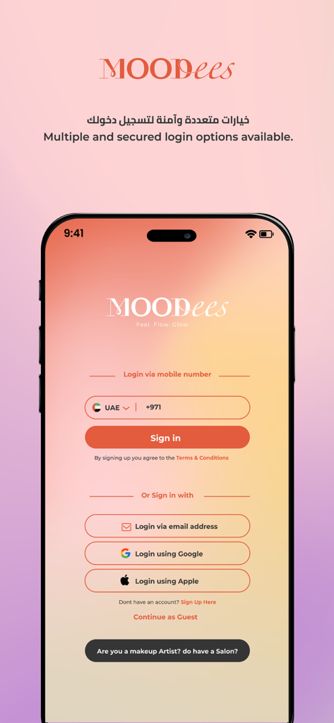 Schermata di accesso dell'app mobile Moodees con varie opzioni di accesso tramite social network e telefono