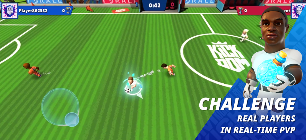 KICKDOM - Kickdom arcade soccer gameplay showing a real-time PvP match challenge on a green field