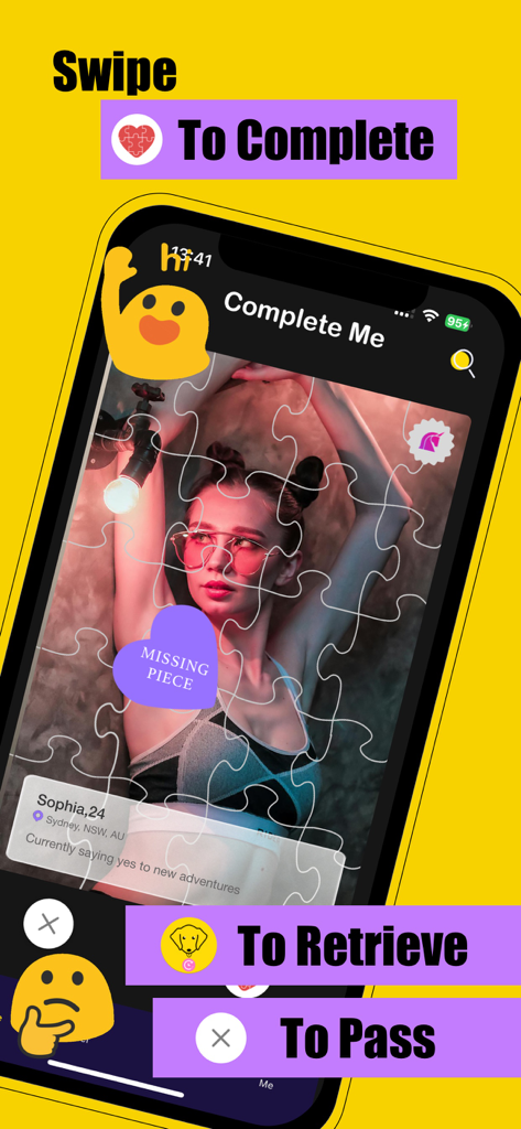 Flirt Casual Dating App - Rizz - Interface of the Rizz dating app displaying the Complete Me puzzle feature on a user profile