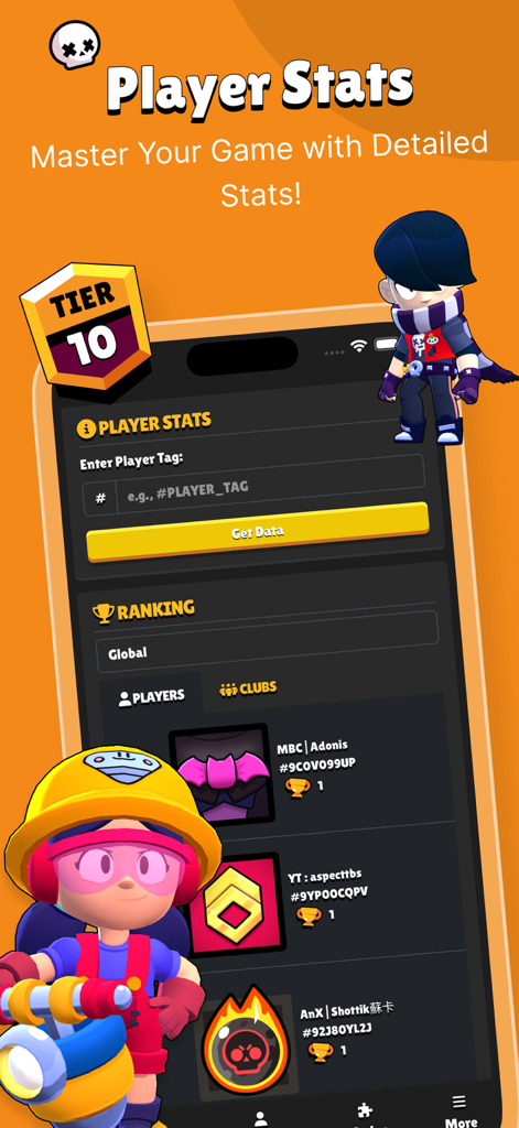 Insider for Brawl Stars - Pantalla de la aplicación Insider para Brawl Stars que muestra estadísticas de jugador y la tabla de clasificación global