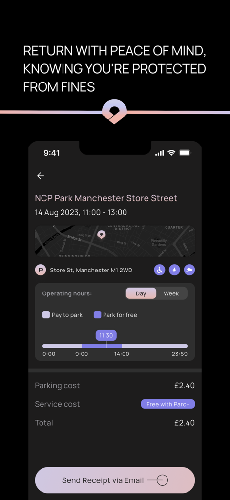Parc - Parc app screenshot showing a parking session summary with cost details and a fine protection message.
