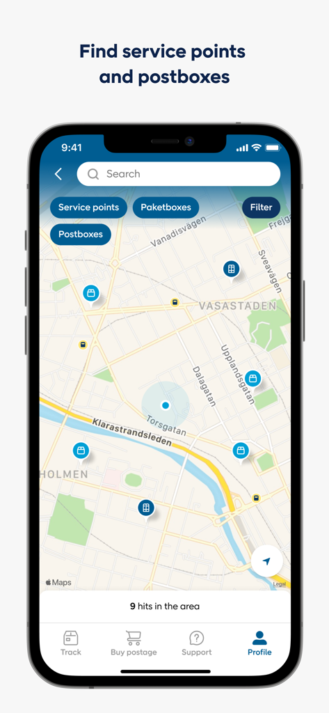 A map interface in the PostNord app showing nearby service points and postboxes.