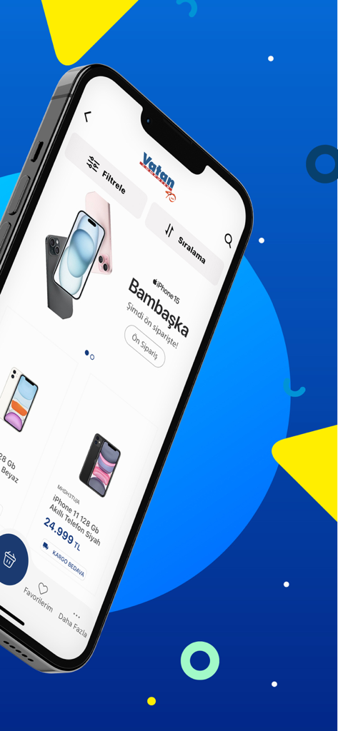 Interface do aplicativo móvel Vatan Bilgisayar mostrando modelos de iPhone e listas de produtos eletrônicos