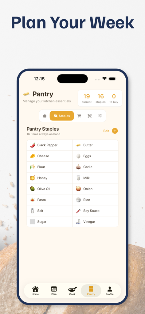 Butter - Quick Recipes - Butter app pantry screen displaying a list of kitchen staples and inventory management.