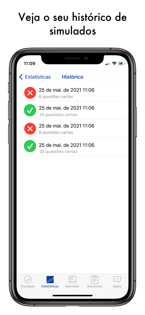 Simulados Motonauta e Arrais - Interface de aplicativo móvel exibindo um histórico de resultados de simulação de exame náutico com marcas de aprovação e reprovação.